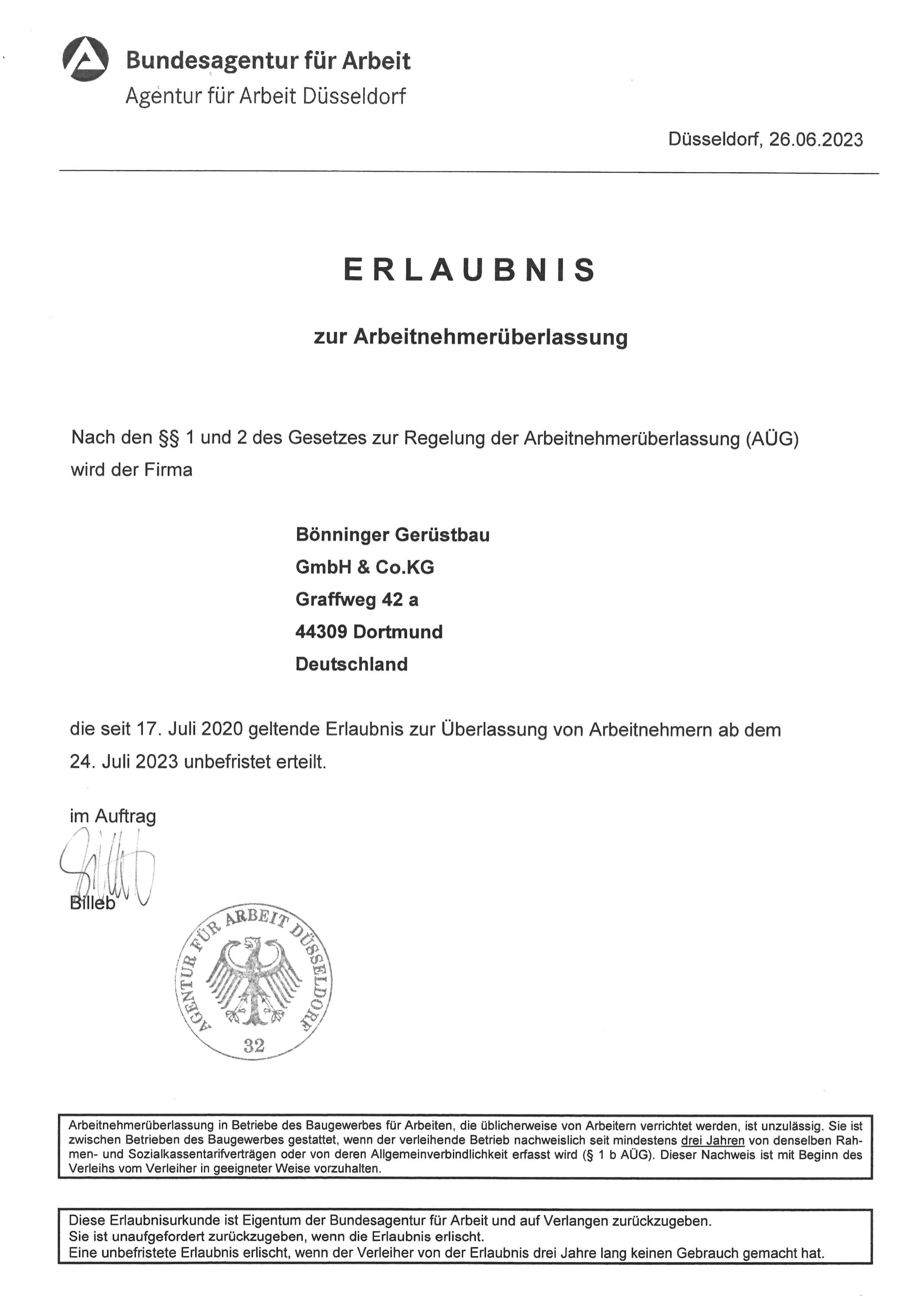 Gerüstbau Bönninger – Erlaubnis Arbeitnehmerüberlassung 2022