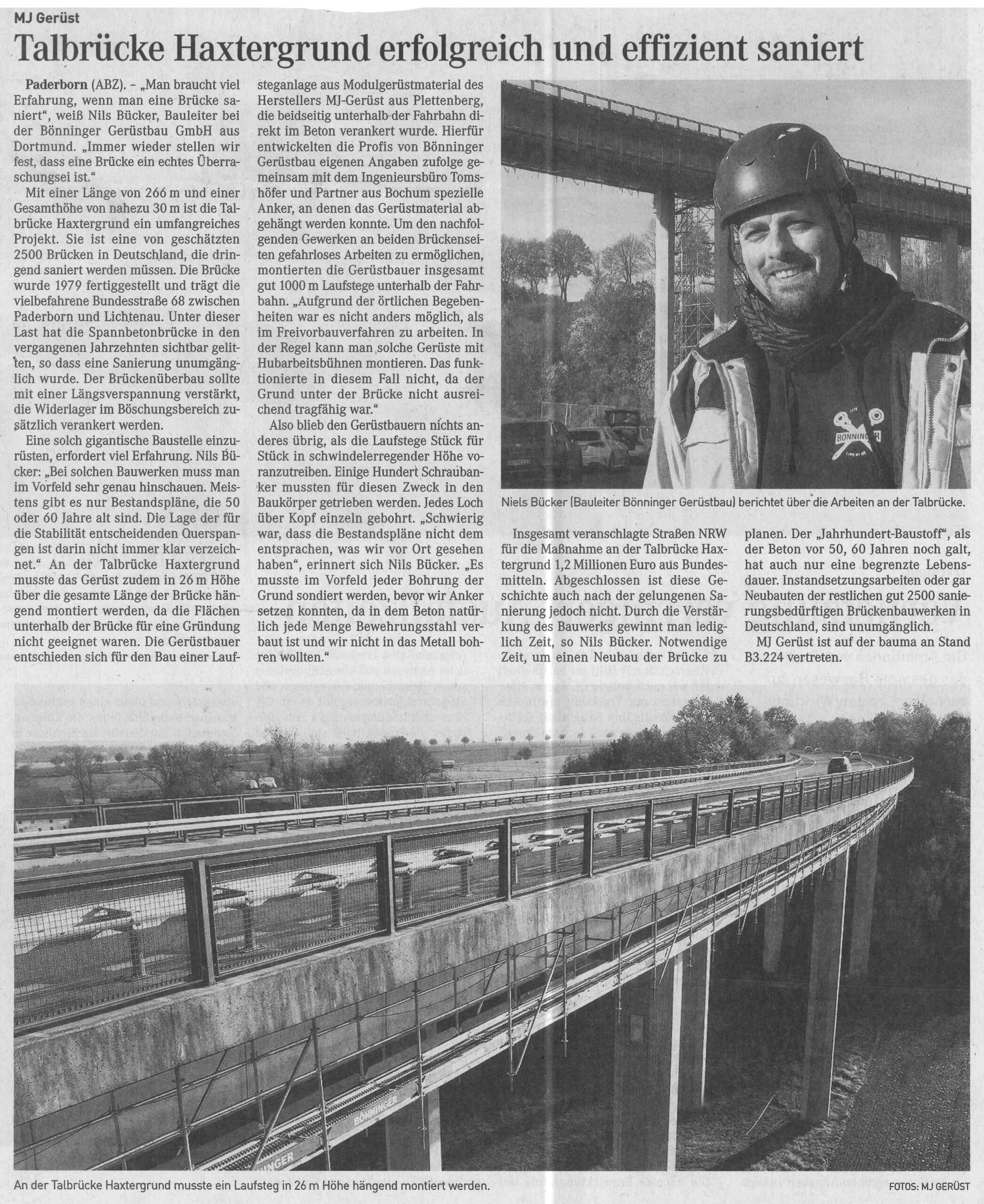 Gerüstbau Bönninger – Pressebericht Talbrücke Haxtergrund