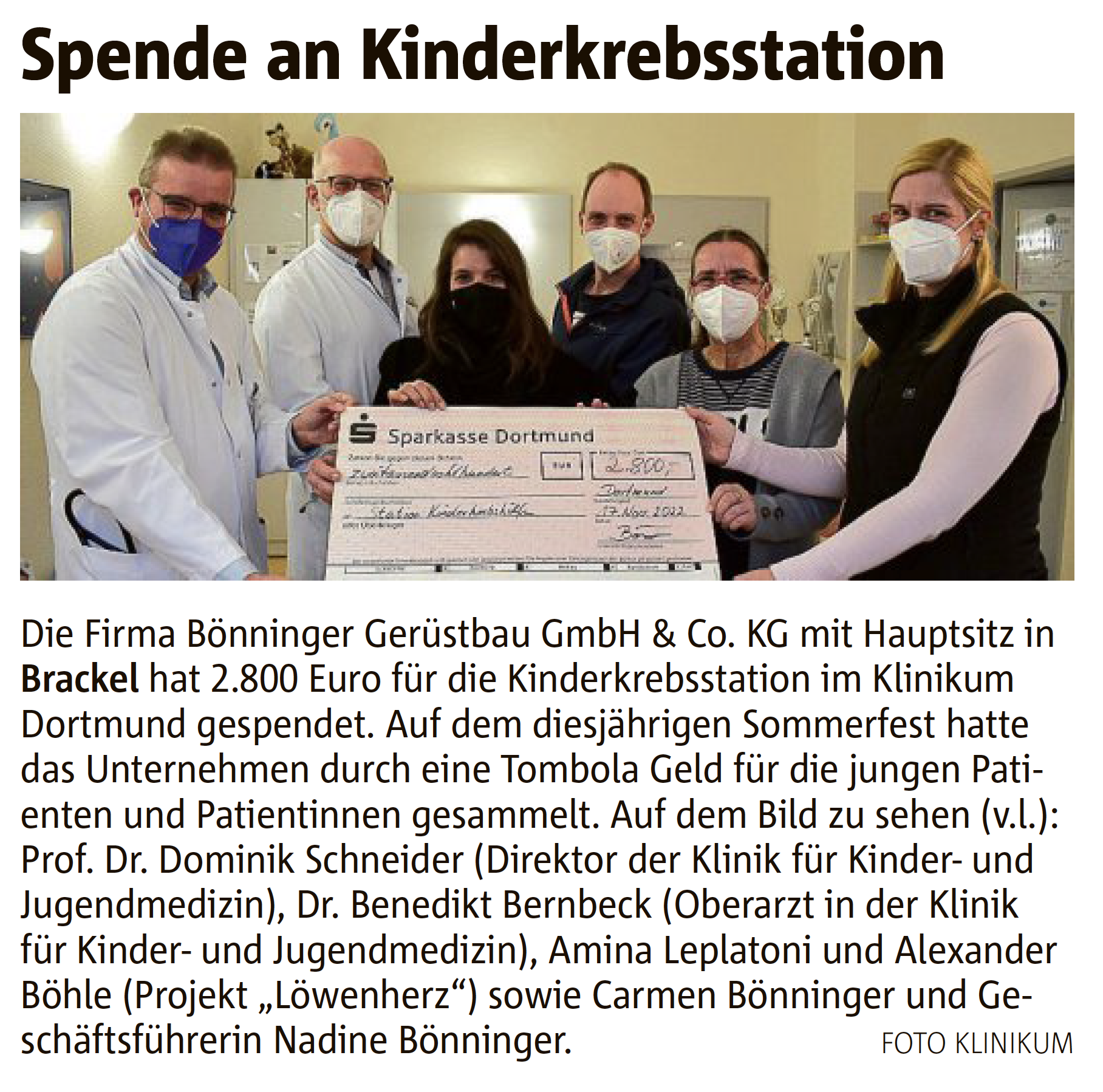 Pressebericht Gerüstbau Bönninger Dortmund: Spende Kinderkrebsstation