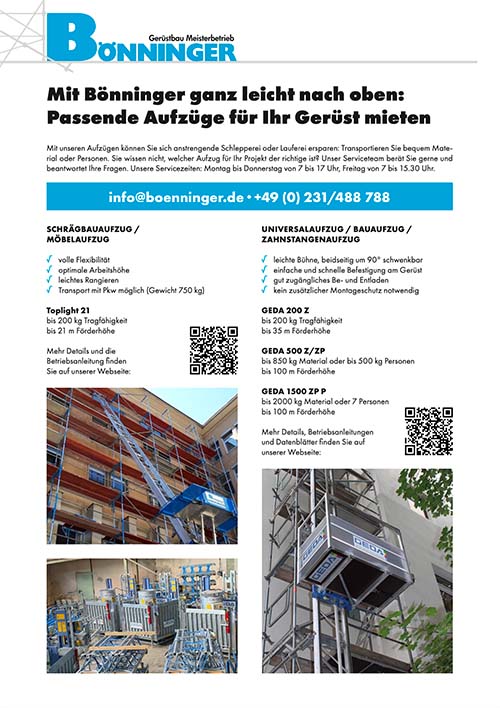 Gerüstbau Bönninger: Bauaufzüge mieten (Infoflyer)