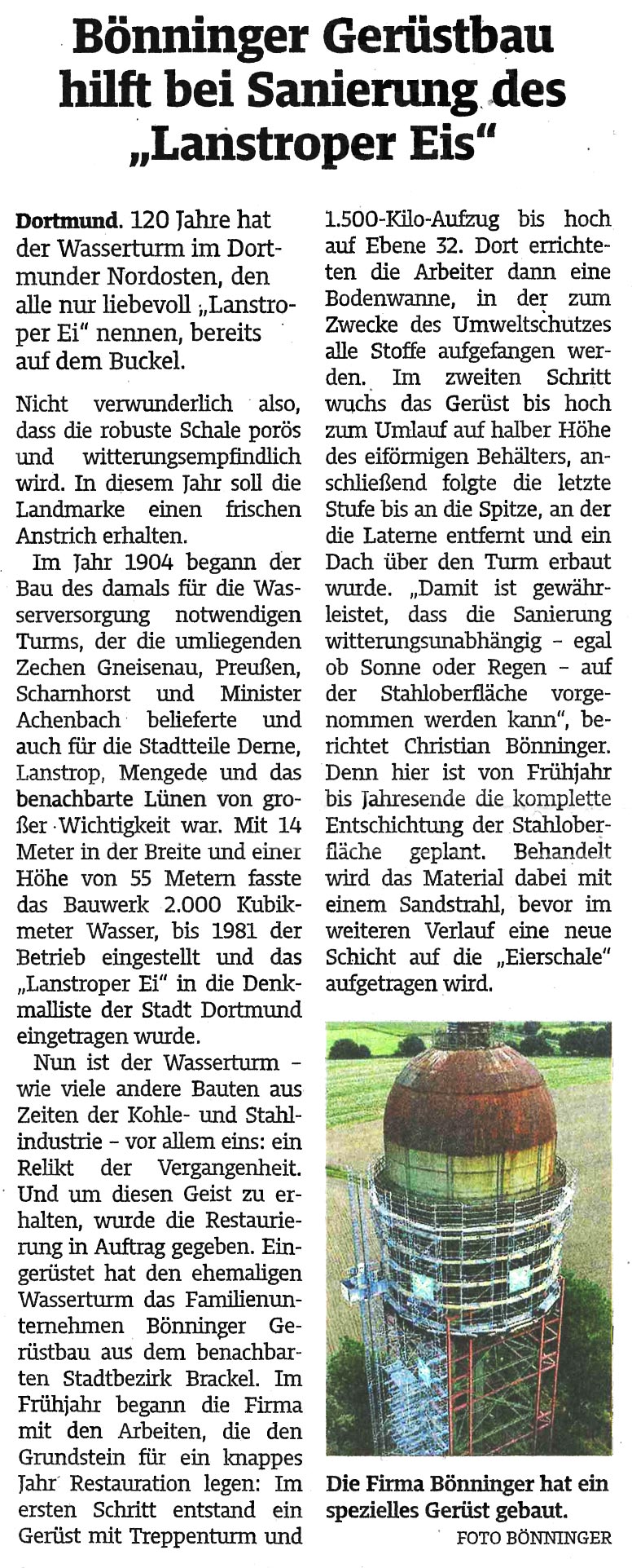 Presseartikel Bönninger Gerüstbau (Dortmund): Ruhr Nachrichten 11.09.20 Sanierung des "Lanstroper Eis"